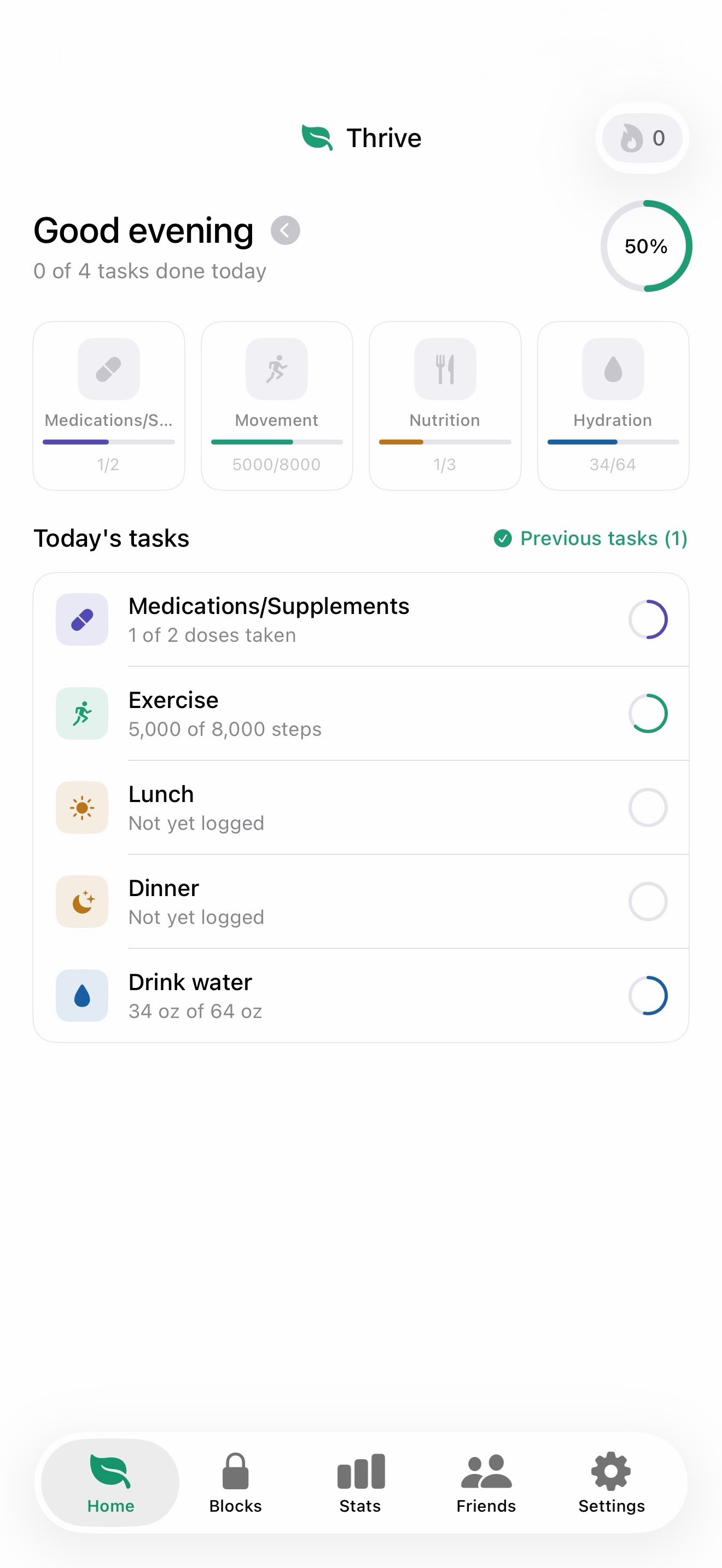 Thrive dashboard showing today's hydration, movement, medications, and nutrition progress
